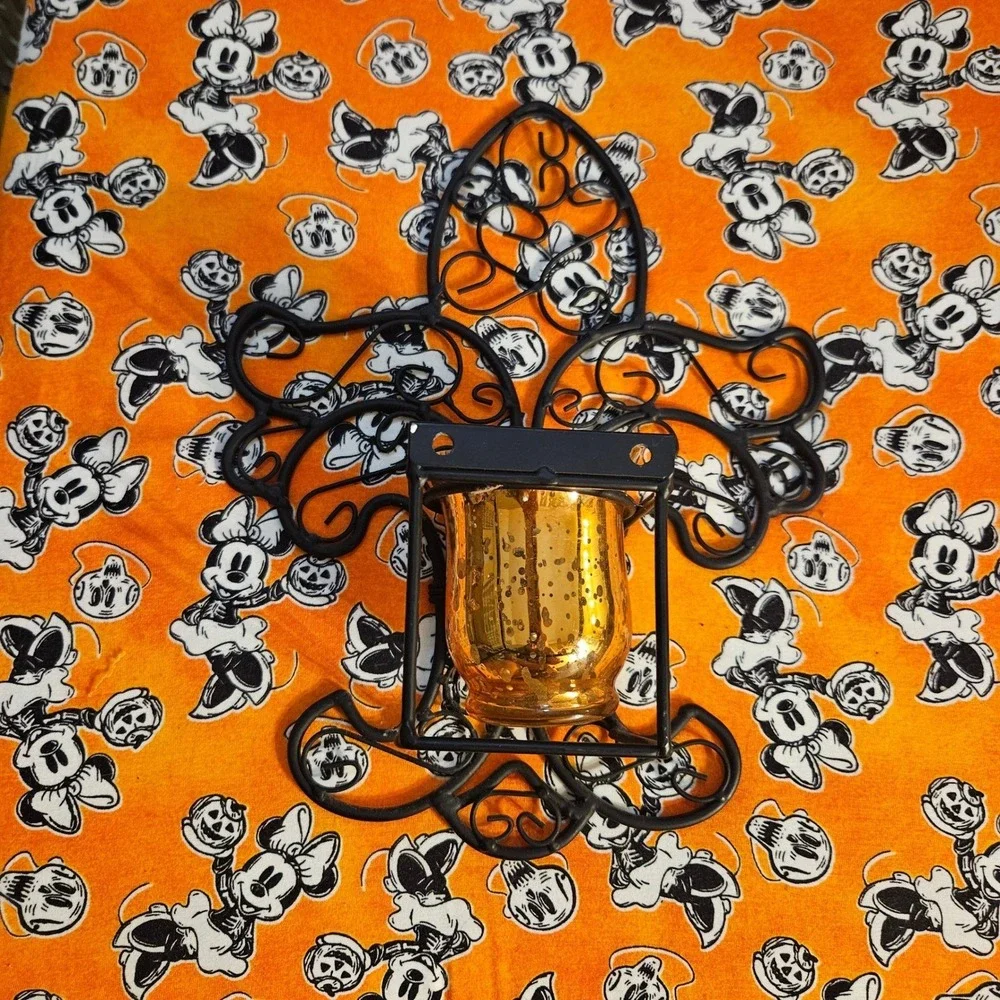 Vintage Ornate Black Metal Wall‎ Sconce Candle Holder with Amber Glass Insert
